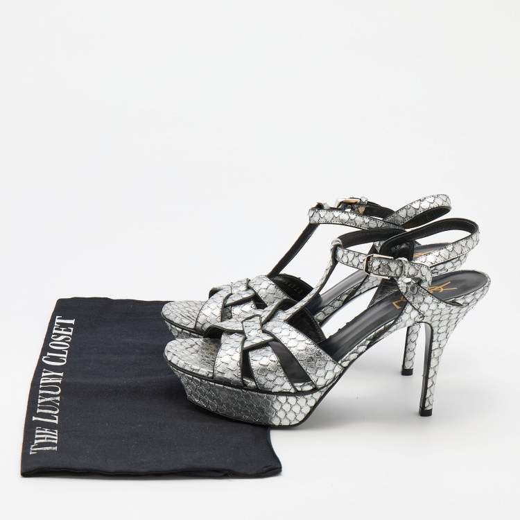 Pre Owned Saint Laurent Silver Python Embossed Leather Tribute Sandals Size 38.5