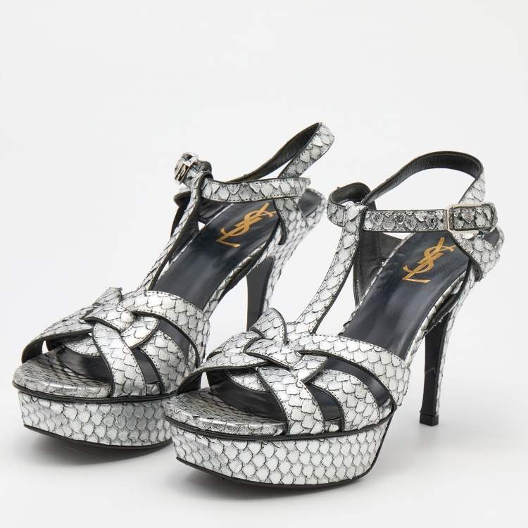 Pre Owned Saint Laurent Silver Python Embossed Leather Tribute Sandals Size 38.5