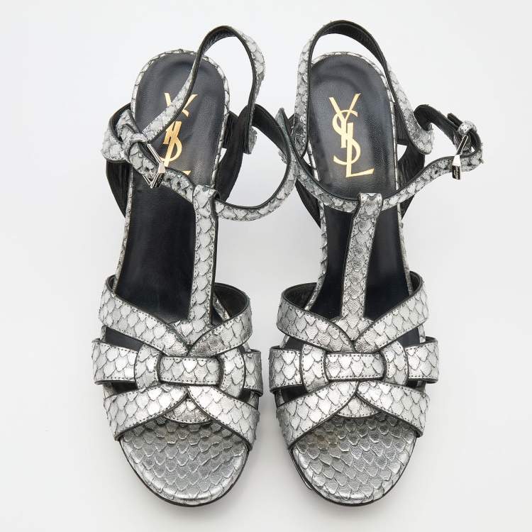 Pre Owned Saint Laurent Silver Python Embossed Leather Tribute Sandals Size 38.5