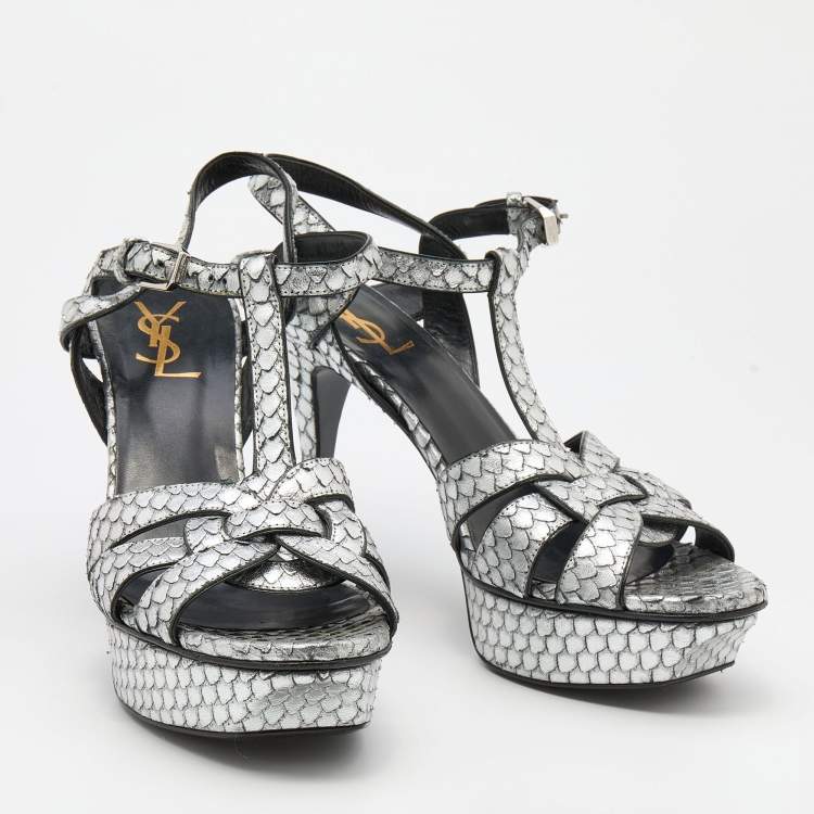 Pre Owned Saint Laurent Silver Python Embossed Leather Tribute Sandals Size 38.5