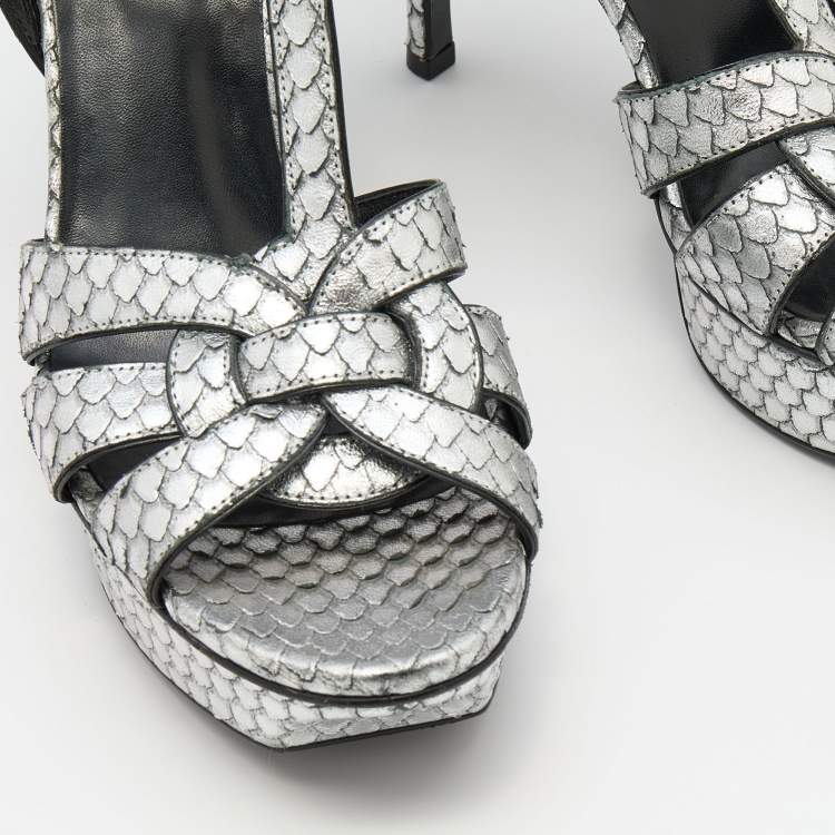 Pre Owned Saint Laurent Silver Python Embossed Leather Tribute Sandals Size 38.5