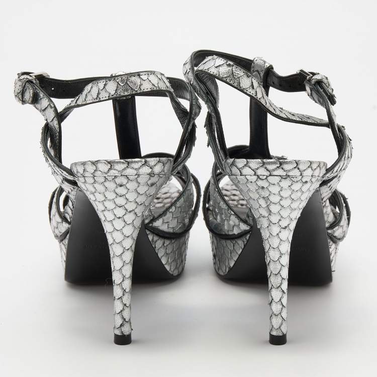 Pre Owned Saint Laurent Silver Python Embossed Leather Tribute Sandals Size 38.5
