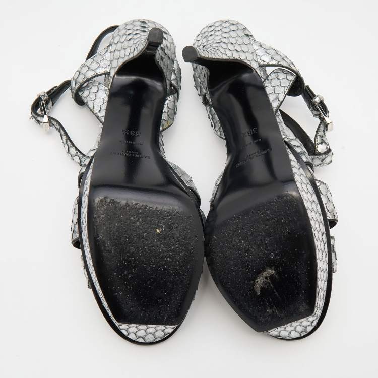 Pre Owned Saint Laurent Silver Python Embossed Leather Tribute Sandals Size 38.5