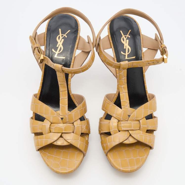 Pre Owned Saint Laurent Beige Croc Embossed Leather Tribute Sandals Size 37.5