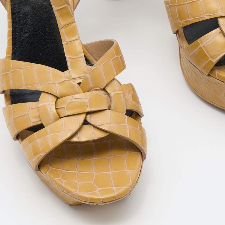 Pre Owned Saint Laurent Beige Croc Embossed Leather Tribute Sandals Size 37.5
