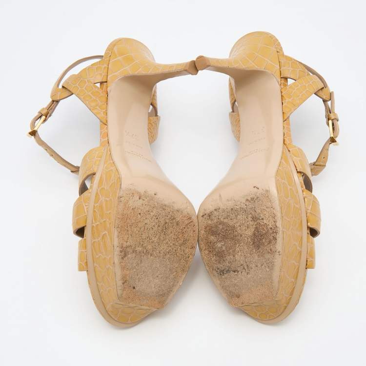 Pre Owned Saint Laurent Beige Croc Embossed Leather Tribute Sandals Size 37.5