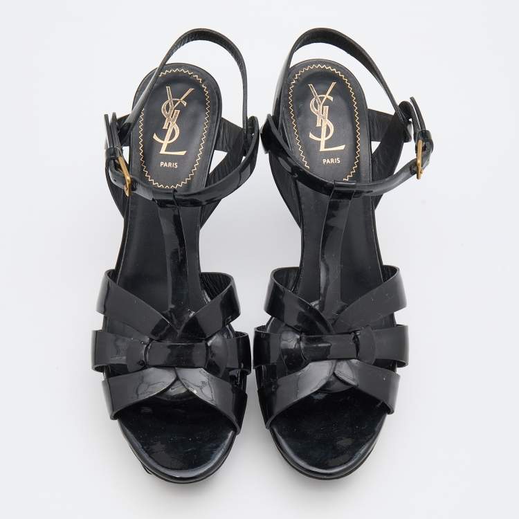 مملوكة مسبقًا Saint Laurent Black Patent Leather Tribute Sandals Size 39