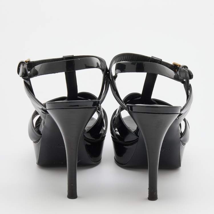 مملوكة مسبقًا Saint Laurent Black Patent Leather Tribute Sandals Size 39