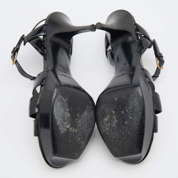 مملوكة مسبقًا Saint Laurent Black Patent Leather Tribute Sandals Size 39
