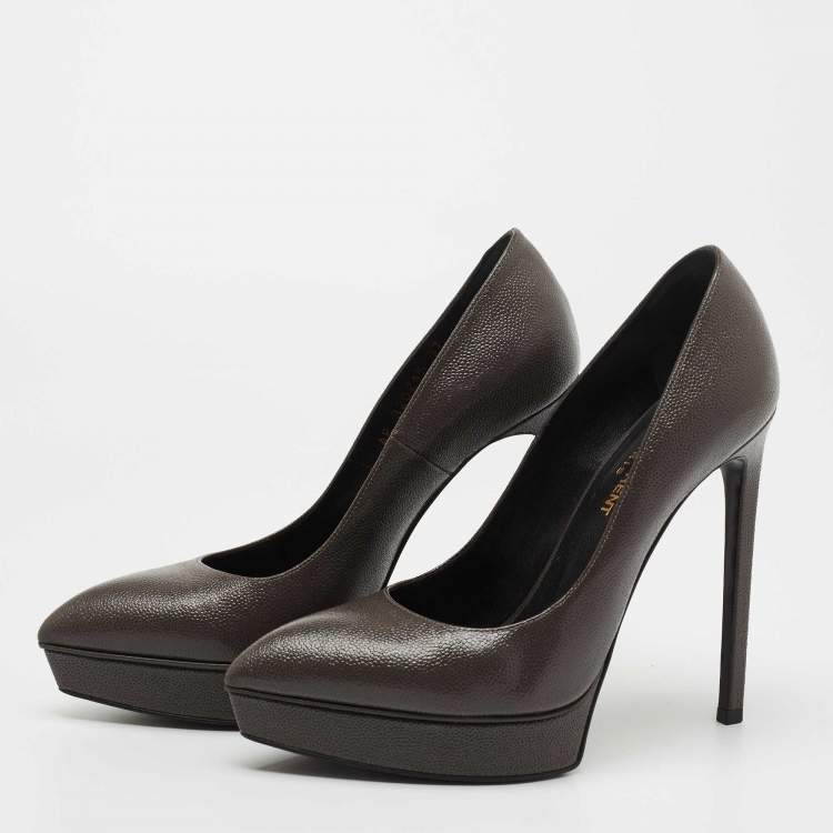Pre Owned Saint Laurent Grey Textured Leather Janis Platform Pumps Size 37