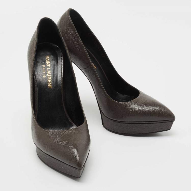 Pre Owned Saint Laurent Grey Textured Leather Janis Platform Pumps Size 37