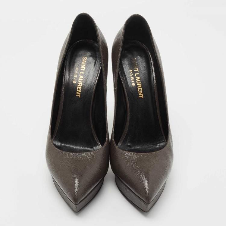 Pre Owned Saint Laurent Grey Textured Leather Janis Platform Pumps Size 37