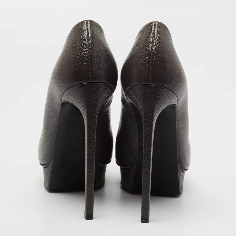 Pre Owned Saint Laurent Grey Textured Leather Janis Platform Pumps Size 37