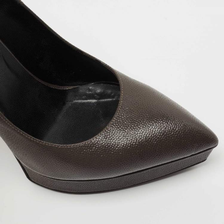 Pre Owned Saint Laurent Grey Textured Leather Janis Platform Pumps Size 37