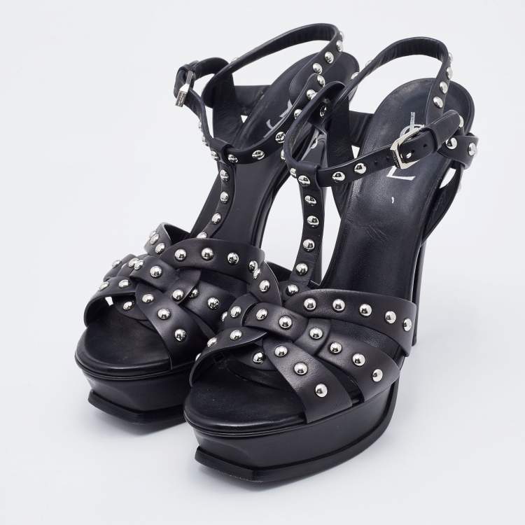 Pre Owned Saint Laurent Black Leather Studded Tribute Platform Sandals Size 40.5