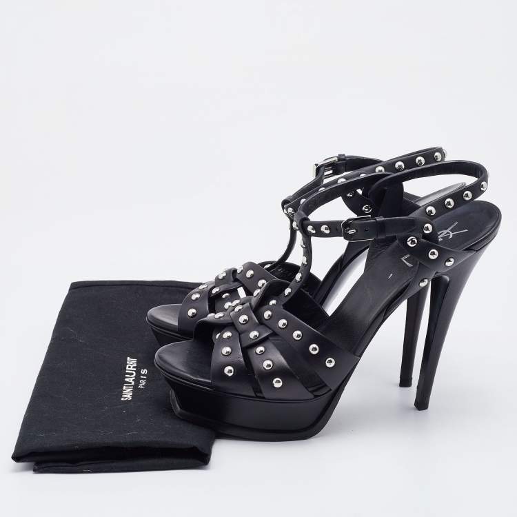 Pre Owned Saint Laurent Black Leather Studded Tribute Platform Sandals Size 40.5