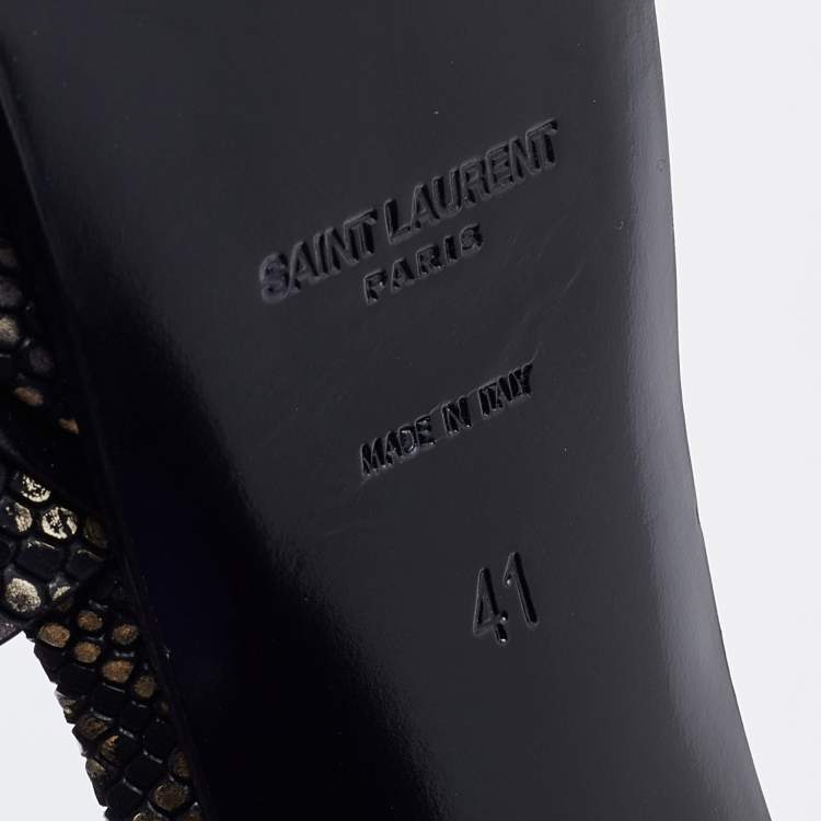 Pre Owned Saint Laurent Black/Gold Python Print Textured Leather Tribute Sandals Size 41