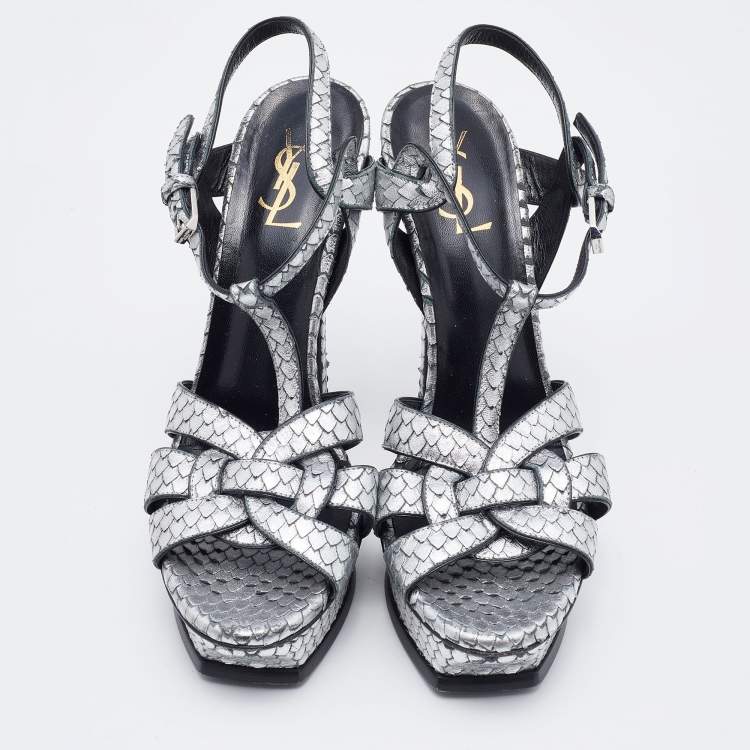 Pre Owned Saint Laurent Silver Python Embossed Leather Tribute Sandals Size 41