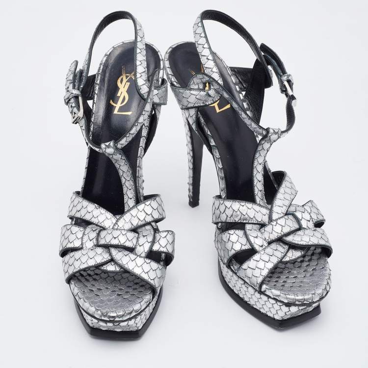 Pre Owned Saint Laurent Silver Python Embossed Leather Tribute Sandals Size 41