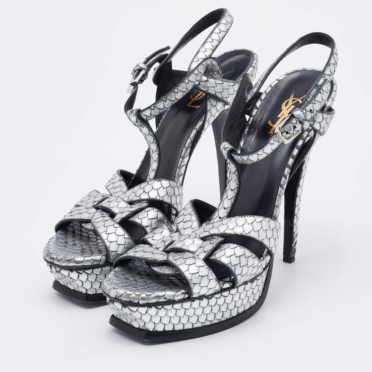 Saint Laurent Silver Python Embossed Leather Tribute Sandals Size