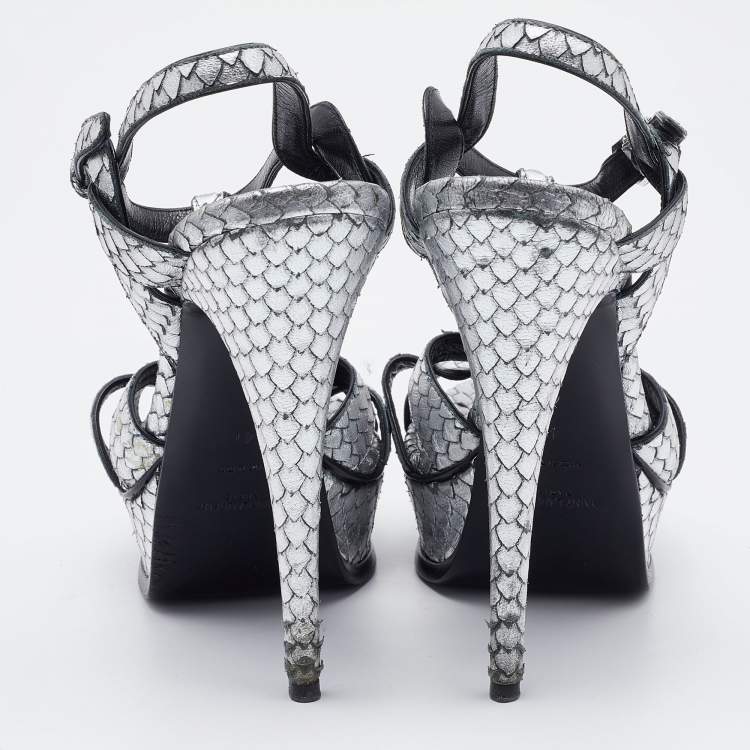 Pre Owned Saint Laurent Silver Python Embossed Leather Tribute Sandals Size 41
