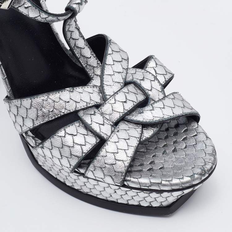 Pre Owned Saint Laurent Silver Python Embossed Leather Tribute Sandals Size 41