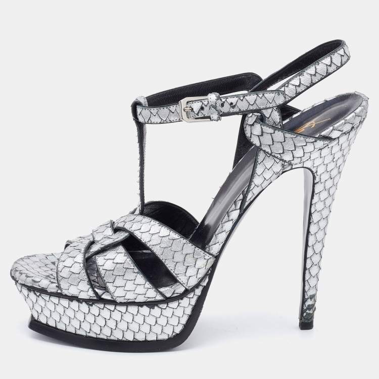 Pre Owned Saint Laurent Silver Python Embossed Leather Tribute Sandals Size 41