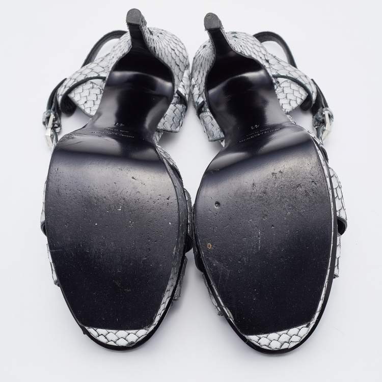 Pre Owned Saint Laurent Silver Python Embossed Leather Tribute Sandals Size 41