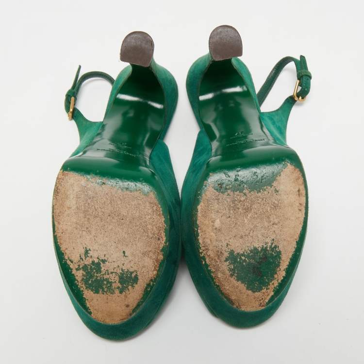 Pre Owned Saint Laurent Green Suede Platform Slingback Sandals Size 37
