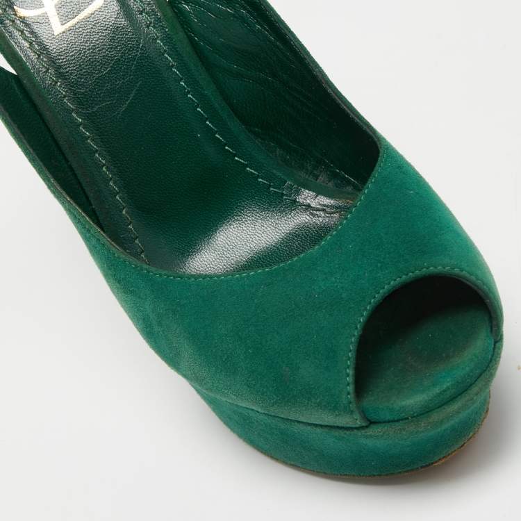 Pre Owned Saint Laurent Green Suede Platform Slingback Sandals Size 37