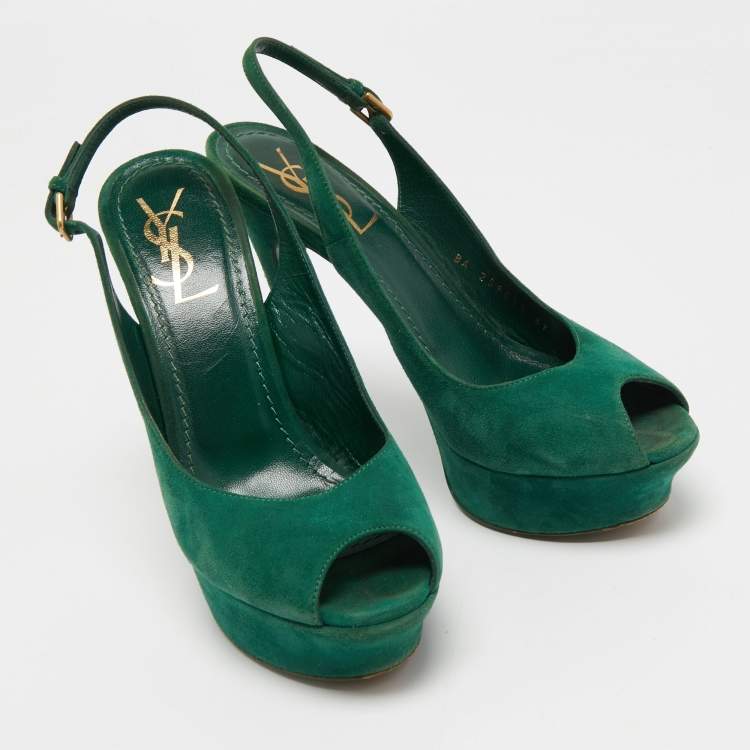 Pre Owned Saint Laurent Green Suede Platform Slingback Sandals Size 37