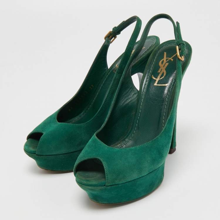 Pre Owned Saint Laurent Green Suede Platform Slingback Sandals Size 37