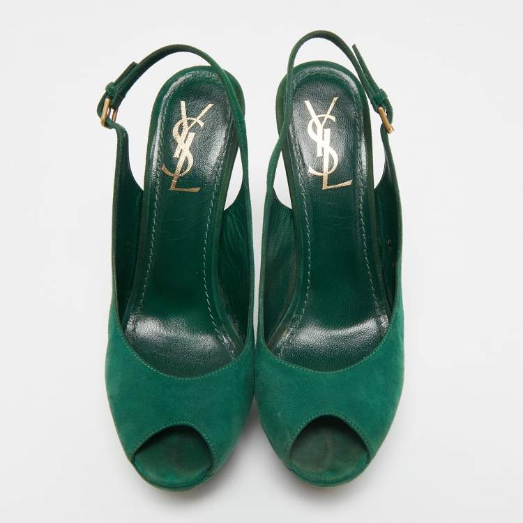 Pre Owned Saint Laurent Green Suede Platform Slingback Sandals Size 37