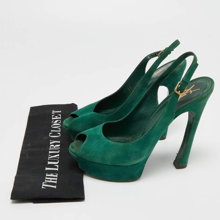 Pre Owned Saint Laurent Green Suede Platform Slingback Sandals Size 37