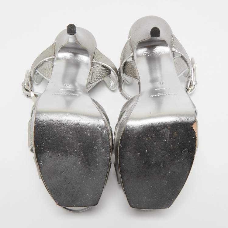 مملوكة مسبقًا Saint Laurent Silver Lizard Embossed Leather Tribute Sandals Size 39 