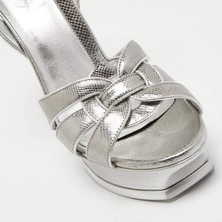 مملوكة مسبقًا Saint Laurent Silver Lizard Embossed Leather Tribute Sandals Size 39 