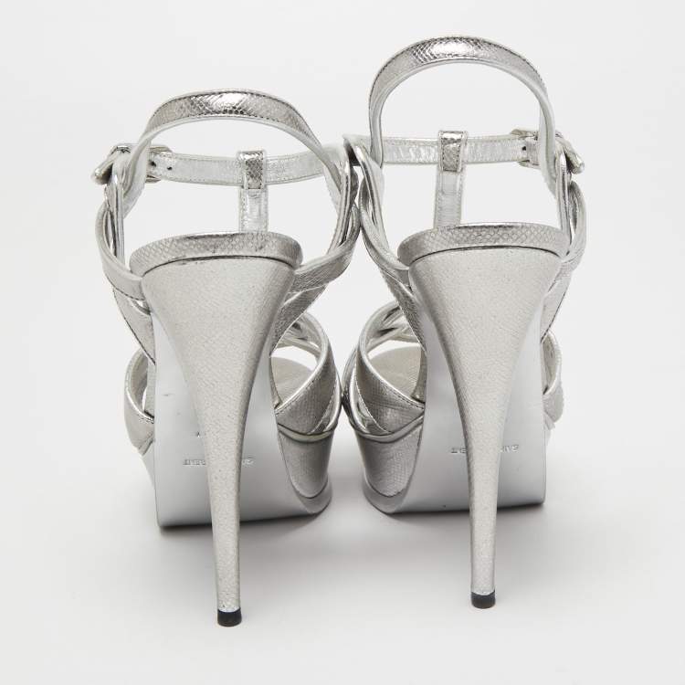 مملوكة مسبقًا Saint Laurent Silver Lizard Embossed Leather Tribute Sandals Size 39 