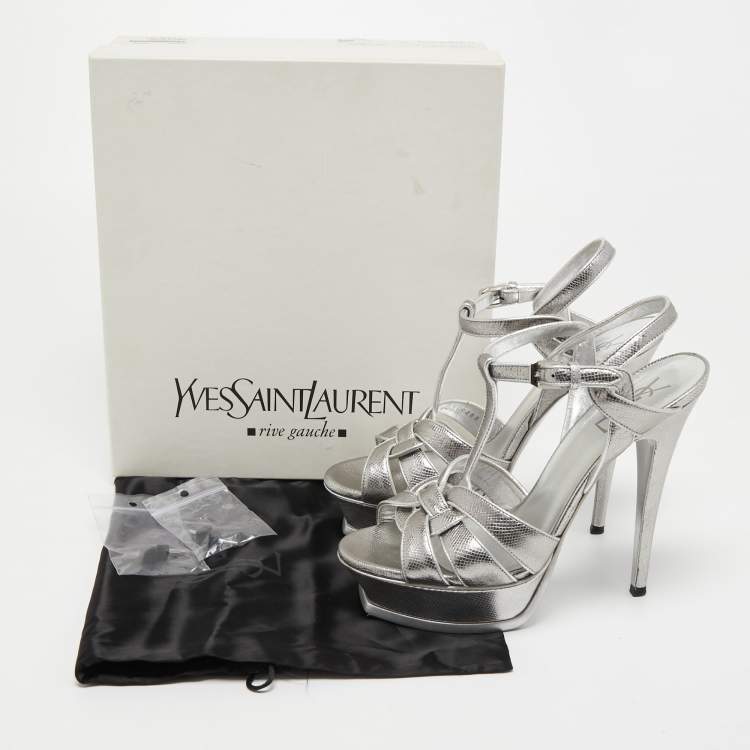 مملوكة مسبقًا Saint Laurent Silver Lizard Embossed Leather Tribute Sandals Size 39 