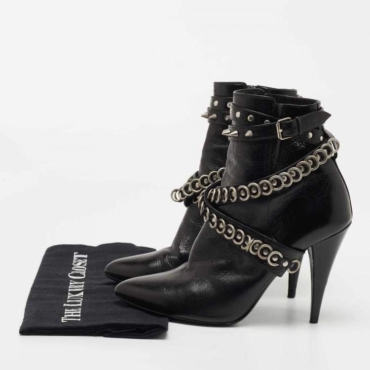 Pre Owned Saint Laurent Black Leather Studded Fetish Ankle Booties Size 38.5