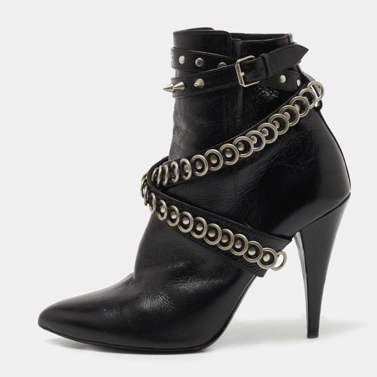 Pre Owned Saint Laurent Black Leather Studded Fetish Ankle Booties Size 38.5