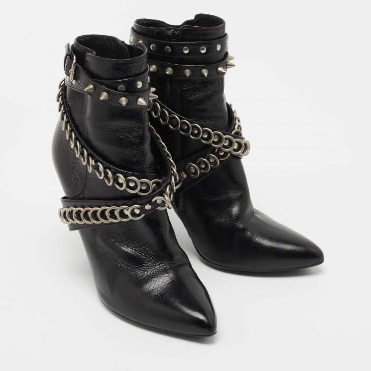 Pre Owned Saint Laurent Black Leather Studded Fetish Ankle Booties Size 38.5