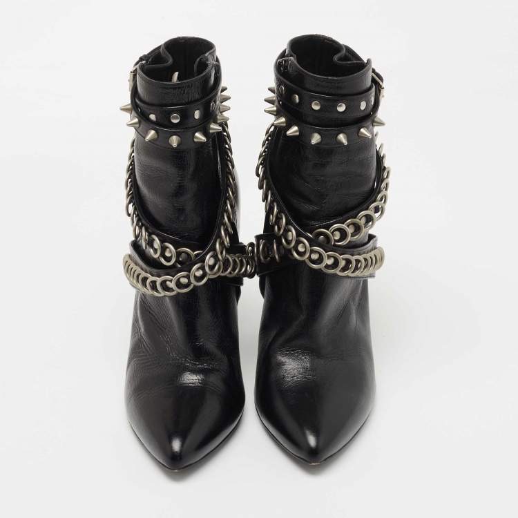 Pre Owned Saint Laurent Black Leather Studded Fetish Ankle Booties Size 38.5
