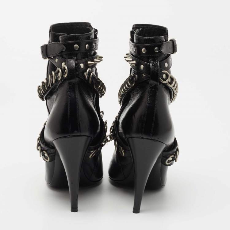 Pre Owned Saint Laurent Black Leather Studded Fetish Ankle Booties Size 38.5