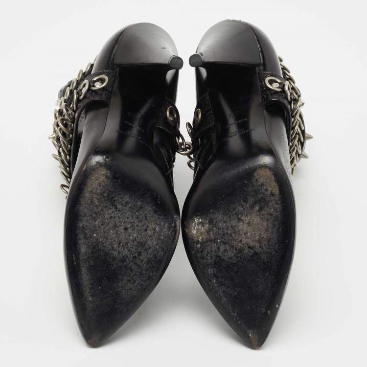 Pre Owned Saint Laurent Black Leather Studded Fetish Ankle Booties Size 38.5