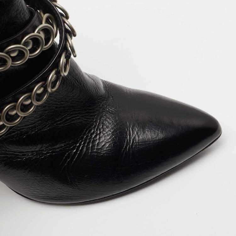 Pre Owned Saint Laurent Black Leather Studded Fetish Ankle Booties Size 38.5