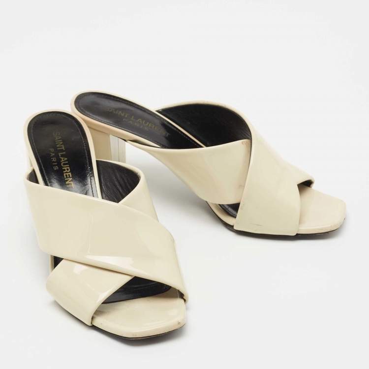 Pre Owned Saint Laurent Cream Patent Leather Loulou Slides Size 36