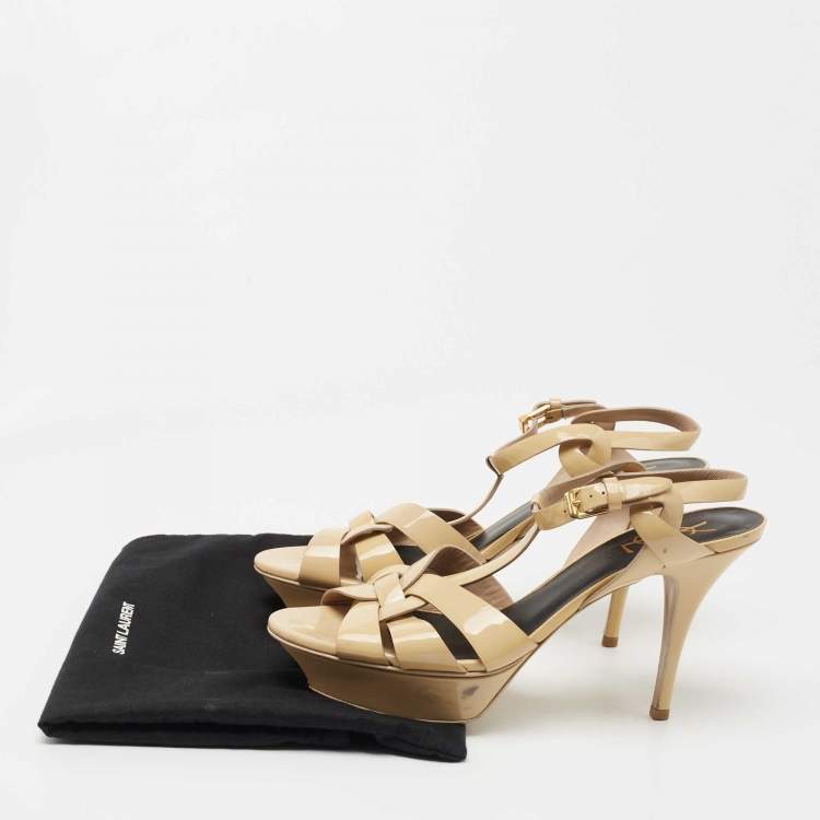 Pre Owned Saint Laurent Beige Patent Leather Tribute Sandals Size 40.5