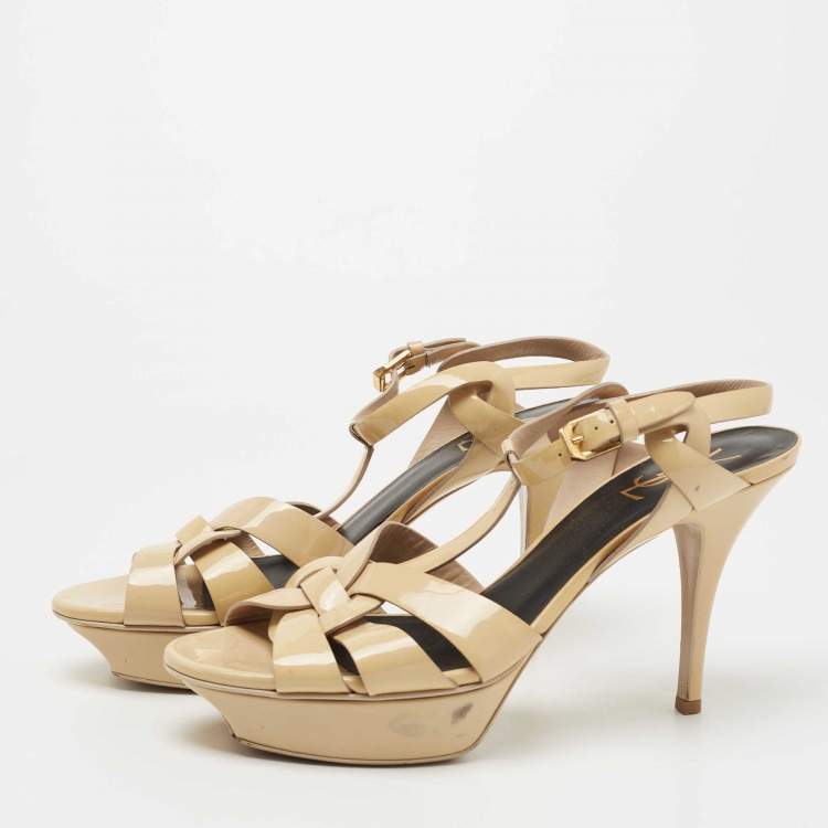 Pre Owned Saint Laurent Beige Patent Leather Tribute Sandals Size 40.5