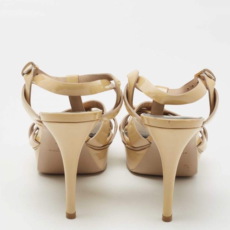 Pre Owned Saint Laurent Beige Patent Leather Tribute Sandals Size 40.5