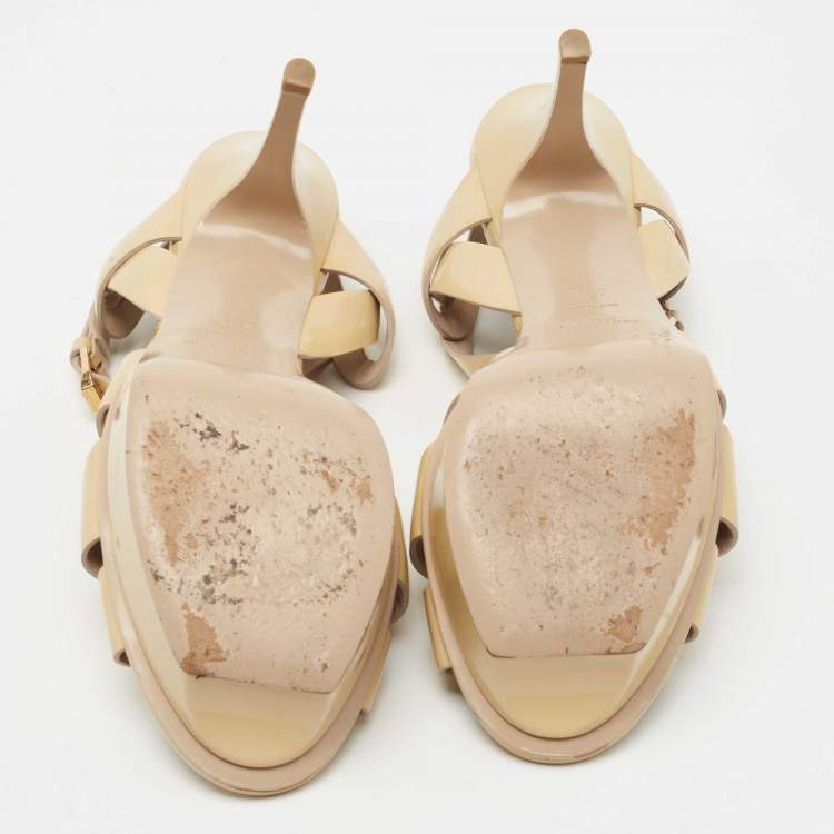 Pre Owned Saint Laurent Beige Patent Leather Tribute Sandals Size 40.5
